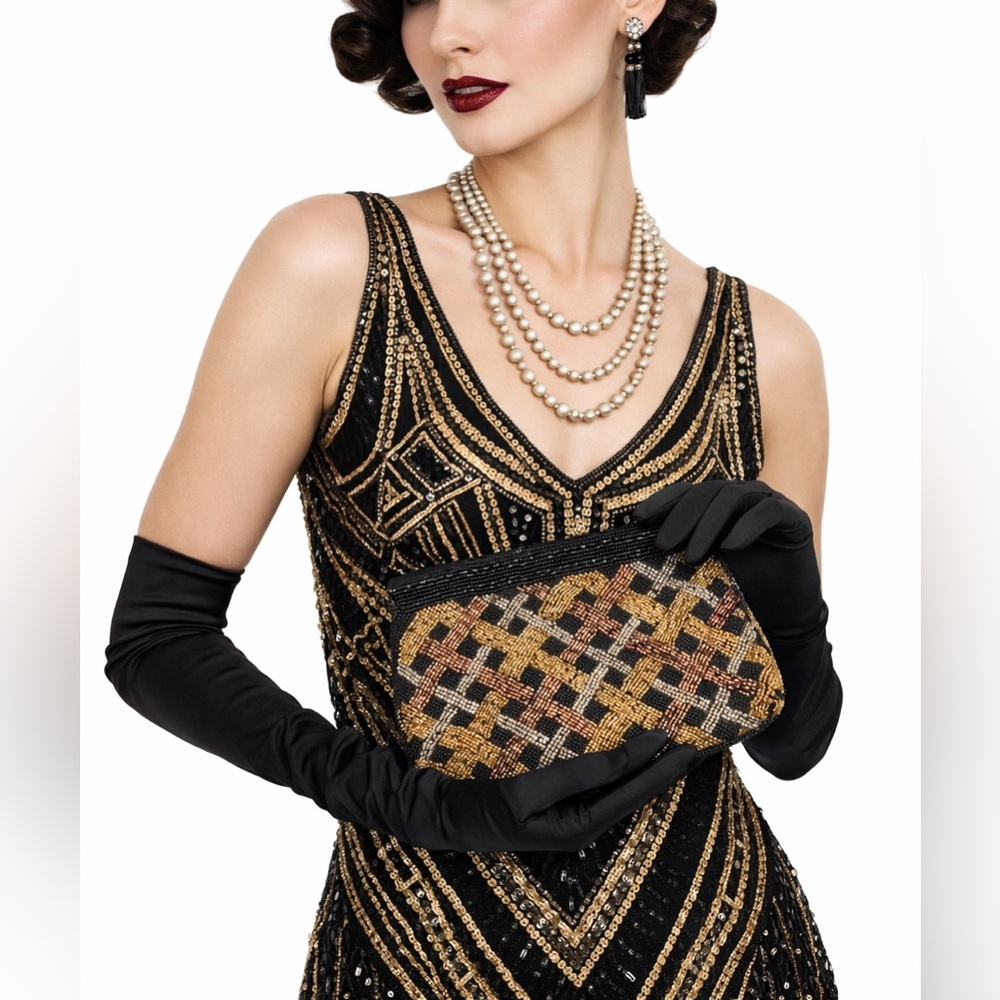 Vintage Delill Beaded Evening Bag Art Deco Black Gold Clutch Shoulder Strap